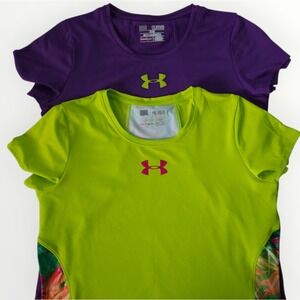 Under Armour HeatGear Youth XL 2 Lot Fitted Athletic Tees Purple & Neon Tropical
